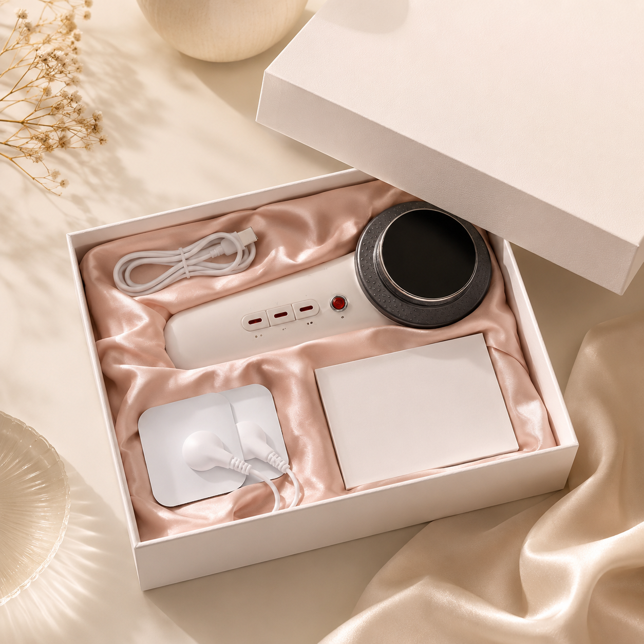 VibeShape™ Pro — geleverd in premium verpakking met EMS pads, USB-C kabel en Nederlandse handleiding